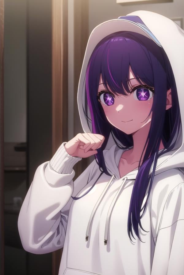 aihoshino, <lora:ai hoshino s1-lora-nochekaiser:1>,ai hoshino, long hair, bangs, (purple eyes:1.1), purple hair, (symbol-shaped pupils:1.5), smile,BREAK hood, hoodie, hood down, long sleeves, white hoodie, hat, baseball cap,BREAK indoors, concert, stage,BREAK looking at viewer, (cowboy shot:1.5),BREAK <lyco:GoodHands-beta2:1>, (masterpiece:1.2), best quality, high resolution, unity 8k wallpaper, (illustration:0.8), (beautiful detailed eyes:1.6), extremely detailed face, perfect lighting, extremely detailed CG, (perfect hands, perfect anatomy),