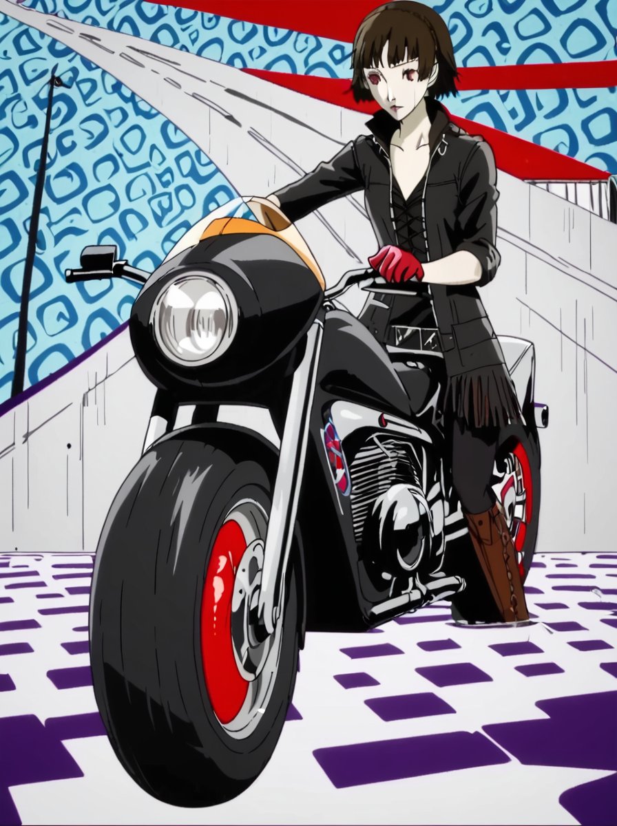 detailed background, shiny skin, rating safe, <lora:persona5.pony:1>,persona5, makoto, motorcycle, 