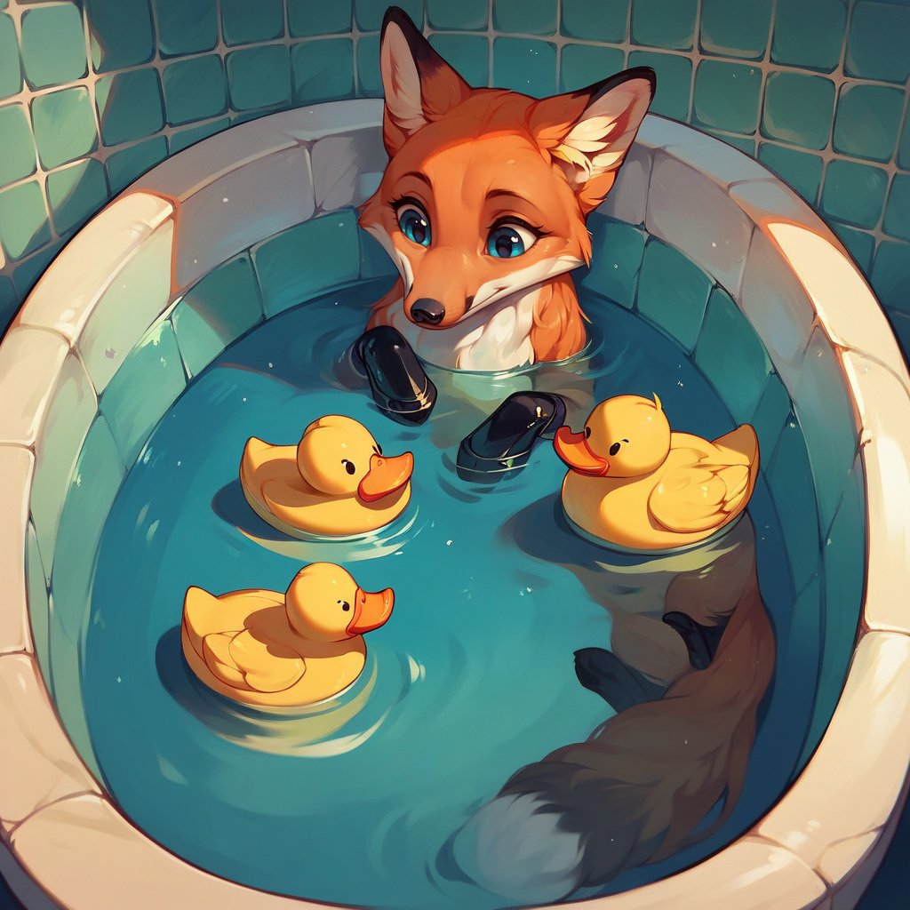 score_9, score_8_up, score_7_up, score_6_up, score_5_up,  <lora:f0xXLP:1> fox, f0x, cute, bath, rubber duck, 