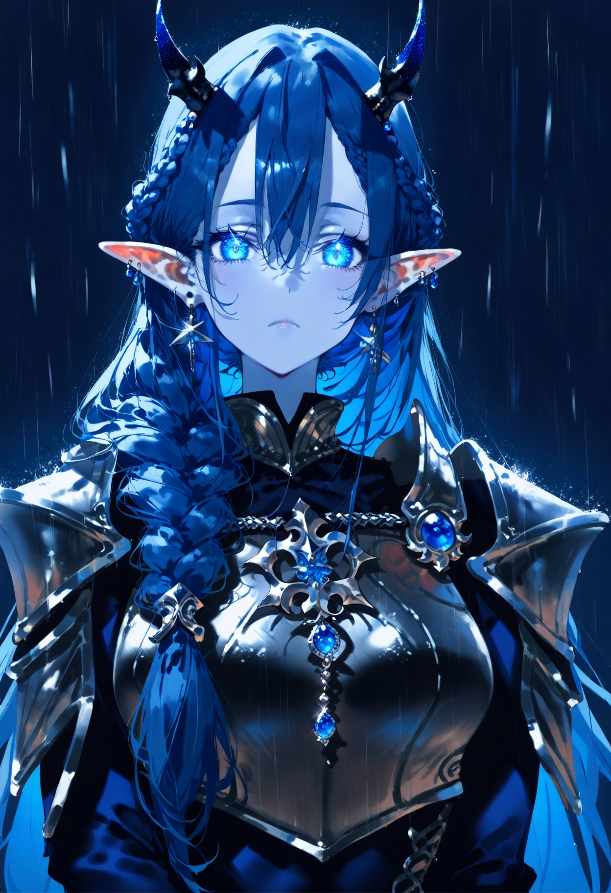 score_9, score_8, score_7_up, 1girl, solo, long hair, looking at viewer, blue eyes, jewelry, closed mouth, blue hair, braid, earrings, horns, pointy ears, armor, glowing, colored skin, elf, shoulder armor, glowing eyes, rain, pauldrons, blue theme, blue skin