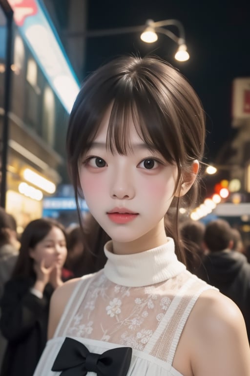 close-up, detailed eyes, 1girl, cute, highneck, dress, street, crowd, storefront, signboard lights, night, <lora:ADetailerNetidolFace:0.5>