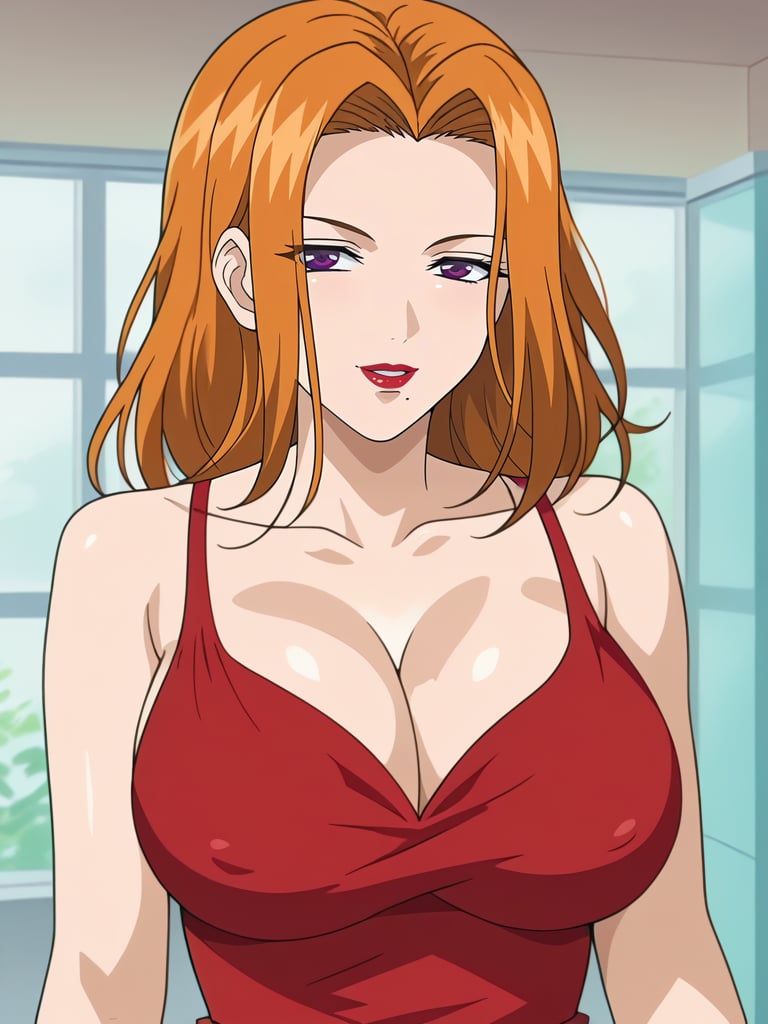 <lora:Naomi_Sakamoto-Hitozuma_Ryoujoku_Sankanbi:1>,Naomi,1girl,solo,orange hair,purple eyes,lipstick,mole under mouth,makeup,large breasts,red dress,cleavage,upper body,smile,looking at viewer,indoors