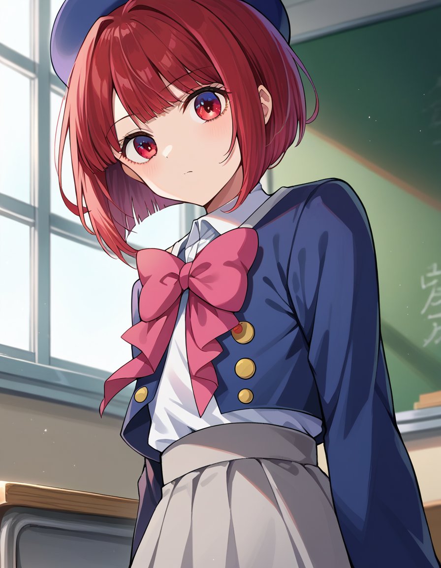 score_9, score_8_up, score_7_up, source_anime,kanaarima, <lora:kanna-arima-ponyxl-lora-nochekaiser:1>,kana arima, short hair, bangs, red eyes, red hair, bob cut,skirt, long sleeves, hat, bow, school uniform, jacket, pink bow, grey skirt, blue headwear,indoors, classroom,looking at viewer, cowboy shot, dutch angle,