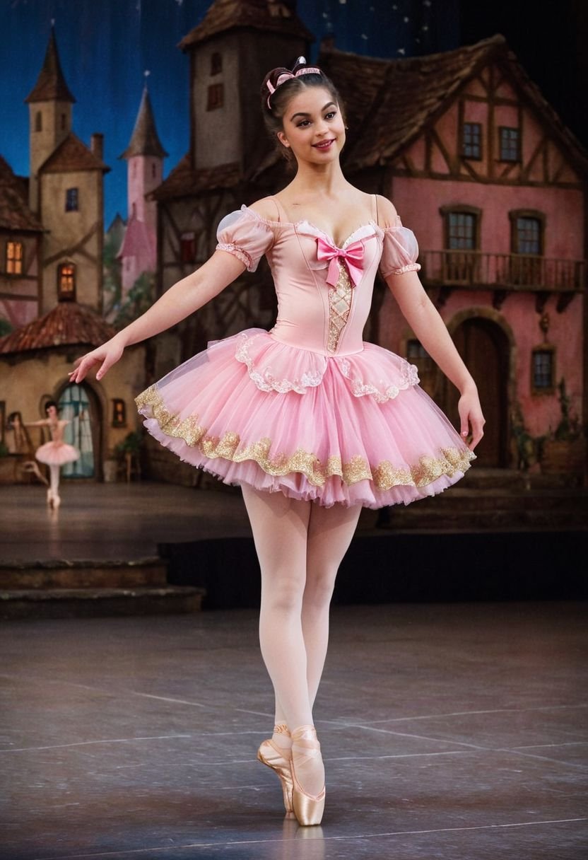 A dynamic full body establishing shot of ,  ((ringlet curls with pink bow headpiece)) pink lace up pointe shoes,  opaque t...