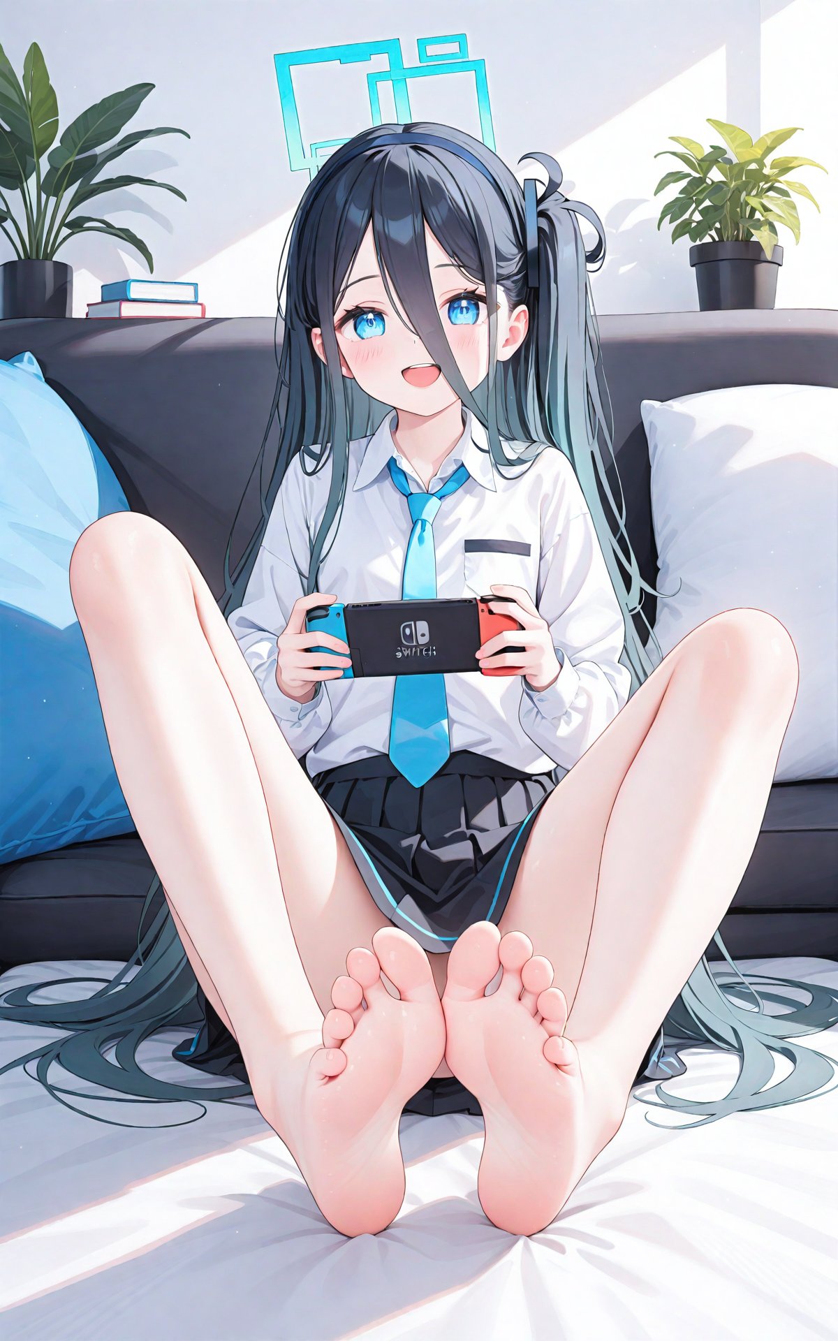 high quality,1girl,aris (blue archive),barefoot,feet,toes,halo,necktie,long hair,nintendo switch,blue eyes,solo,soles,black hair,foot focus,handheld game console,skirt,blue necktie,v,shirt,legs,foreshortening,white shirt,very long hair,indoors,hair between eyes,open mouth,one side up,looking at viewer,upper teeth only,smile,holding handheld game console,holding,knees apart feet together,bare legs,teeth,collared shirt,black skirt,hairband,spread toes,potted plant,long sleeves,plant,couch,