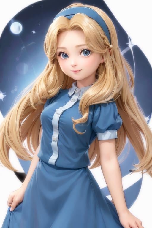 1girl, maria_robotnik, long hair, blonde hair, parted bangs, blue hairband, blue eyes, shirt, dress, smile, look at viewer  <lora:maria_robotnik-v1:0.6>