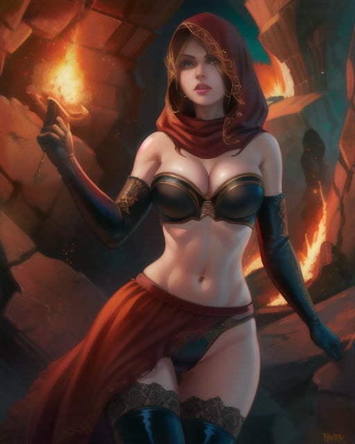 Dsorceress, solo,  standing,  brown eyes, SDress,elbow gloves, red hood, midriff, brown strapless bra. black panties, lace-trimmed thigh boots, red skirt, cleavage ,bare shoulders,dark cave,   fire,  (insanely detailed, beautiful detailed face, masterpiece, best quality) cinematic lighting,   <lora:Dsorceress:0.7>