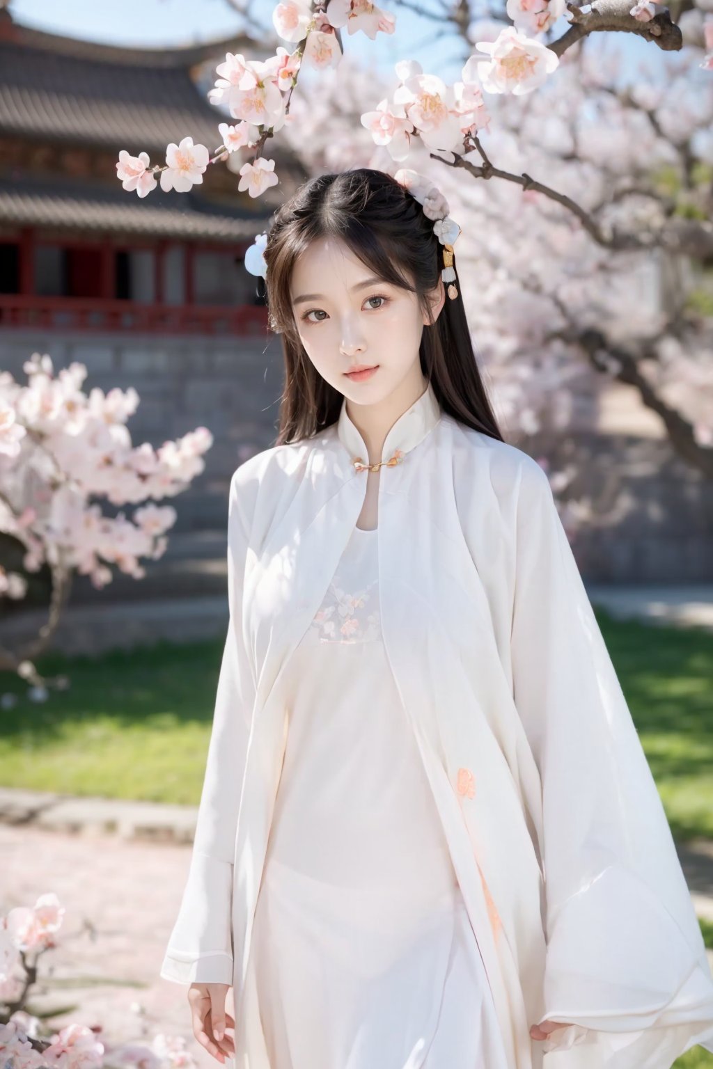 Realistic,best quality,masterpiece,8K,HDR,RAW,A pretty girl,seductive expression,charming,sex,1girl,((solo)),(standing),(large breasts),(outdoors,in spring,peach blossom,chinese-style architecture),(looking at viewer,),<lora:add_detail:0.6>,<lora:GoodHands-beta2:1>,<lora:ENNE 国风长袍裙_v3_09:1>,chinese clothes,