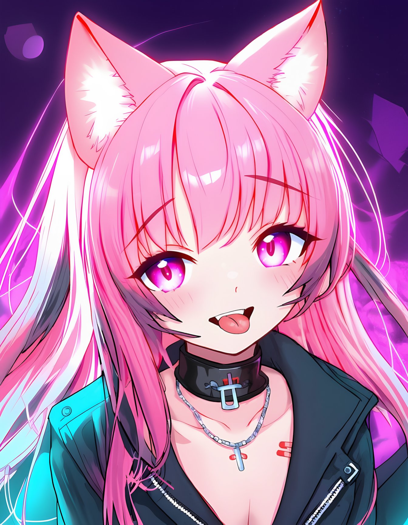 1girl,long hair,looking at viewer,smile,open mouth,black hair,animal ears,jewelry,jacket,pink hair,multicolored hair,teeth,tongue,cat ears,tongue out,pink eyes,necklace,collar,gradient hair,glowing,fangs,slit pupils,bandaid,glowing eyes,bandaid on face,