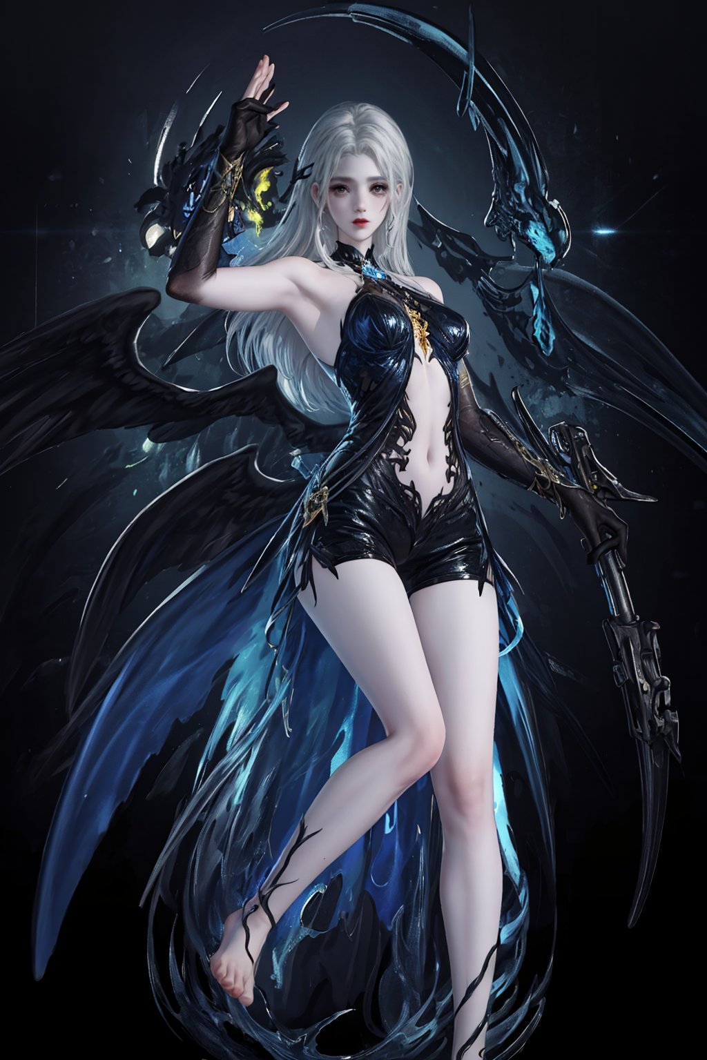 Bare shoulders,solo,Blue and black dress,Black elbow gloves,barefooted,navel,barefoot,black shorts,wings,<lora:future05-夜魅幽莹:0.7>,meadow,, best quality,masterpiece,highres,official art,extremely detailed cg unity 8k wallpaper,