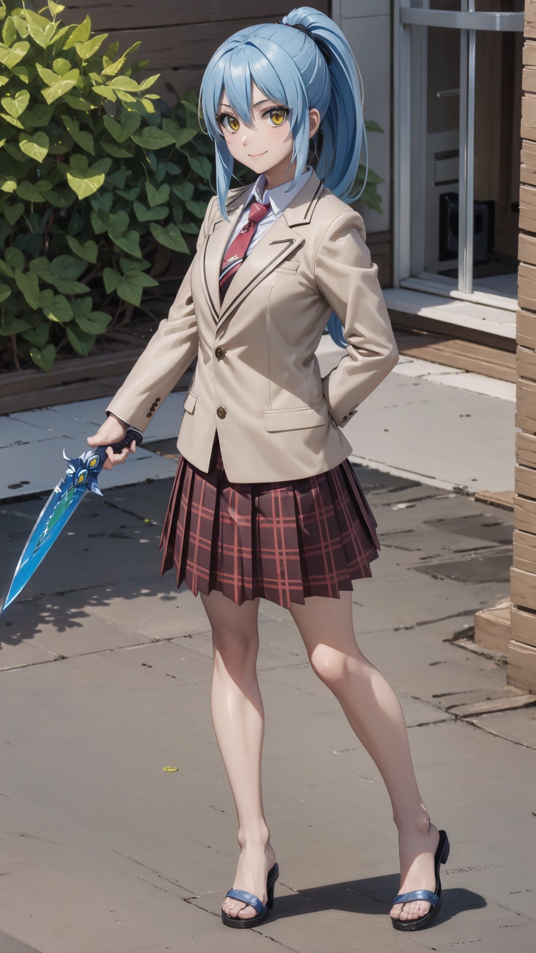 (masterpiece, best quality),ray tracing,absurdres, HDR,rimuru tempest, campus, skirt, 1girl,large breasts,  blue hair, school uniform, plaid skirt, necktie, long hair, smile, plaid, yellow eyes, , jacket, pleated skirt, full body, , ponytail, , standing, blazer, looking at viewer, solo, , hair between eyes, ,red necktie, shirt, bangs, sandals, red skirt, white shirt, collared shirt, closed mouth,  , long sleeves, miniskirt,outoors, ,wucaitianjing, weapon, sword,holding, holding sword, <lora:rimuru campus:0.7> <lora:sandals_v2:0.7> <lora:wucaitianjing_v2:0.7>