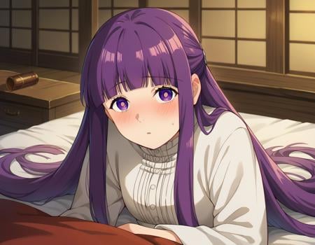 score_9, score_8_up, score_7_up, source_anime,fern, <lora:fern-s1-ponyxl-lora-nochekaiser:1>,fern, long hair, bangs, purple eyes, purple hair, sidelocks, blunt bangs, bright pupils, half updo,long sleeves, dress, white dress, long dress,indoors, bed, bed room, on side, blush, drunk,looking at viewer, cowboy shot, dutch angle,