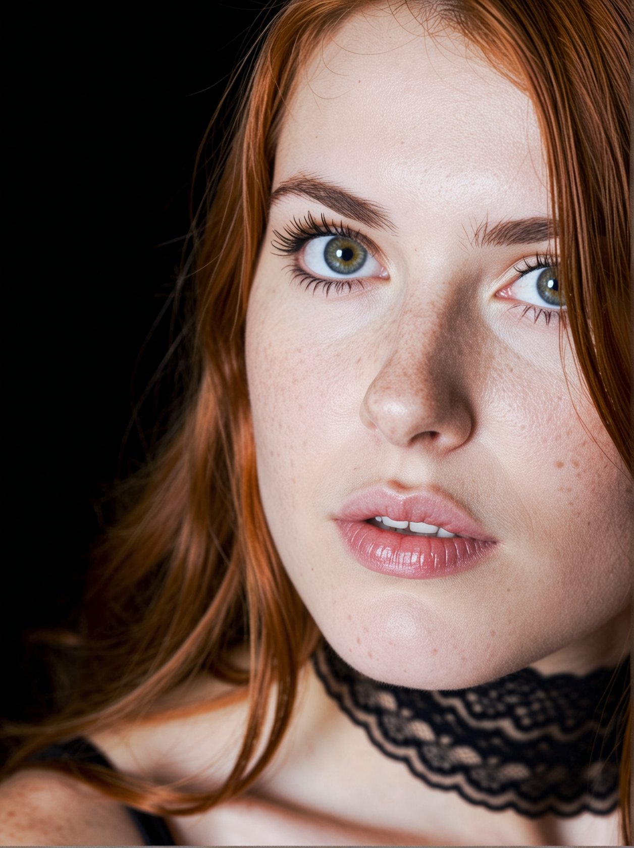 A close-up portrait captures a young woman with vibrant ginger hair and striking green eyes,  her face illuminated by soft...
