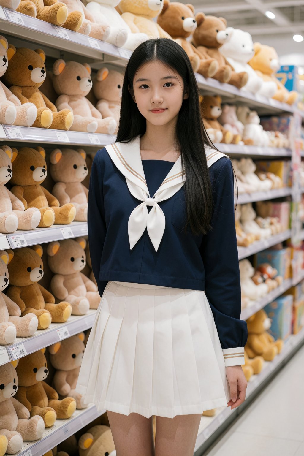 A young Asian woman with long black hair stands in a toy store,  wearing a navy blue sailor-themed outfit and a pleated wh...