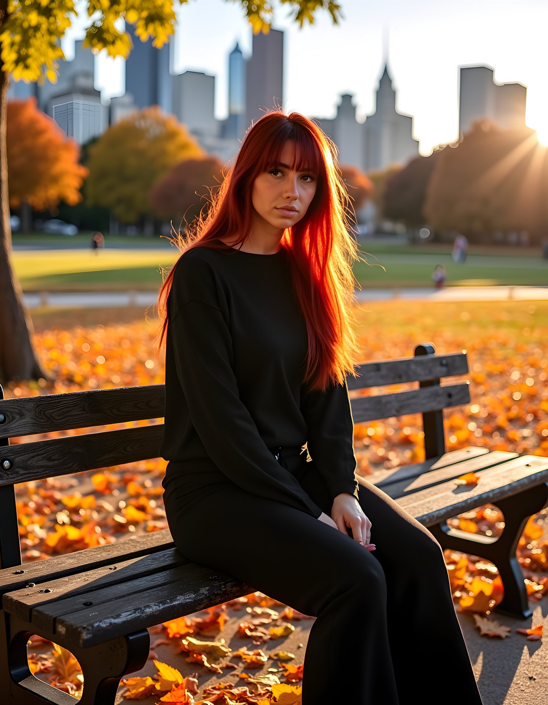 In a bustling urban park under the warm,  golden afternoon sun,  Parky _ a striking woman with fiery red hair cascading do...