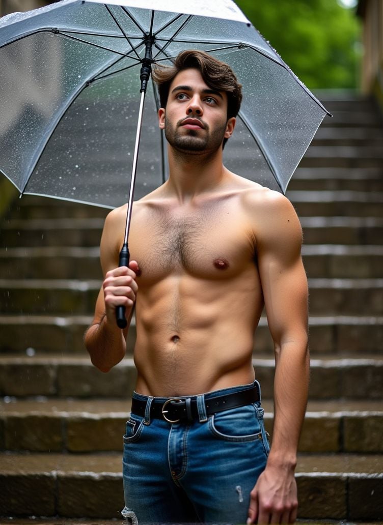Jules Bouyer ,  stands on a large stone staircase. the rainwater cascading on the steps. He holds a transparent umbrella i...