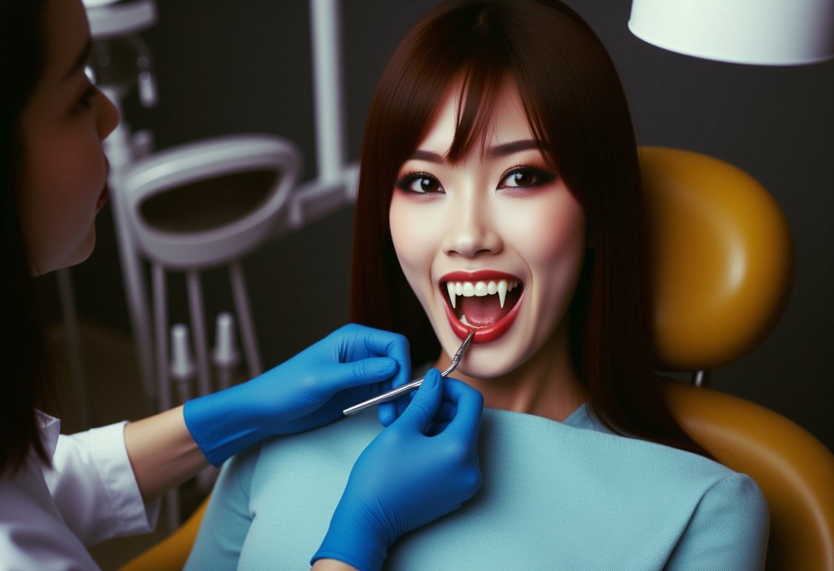 Vampyfangs1. a film still photo. 35mm. 4k. From a 2003 movie. An asian vampire woman is showing off her fangs, she is at the dentist.