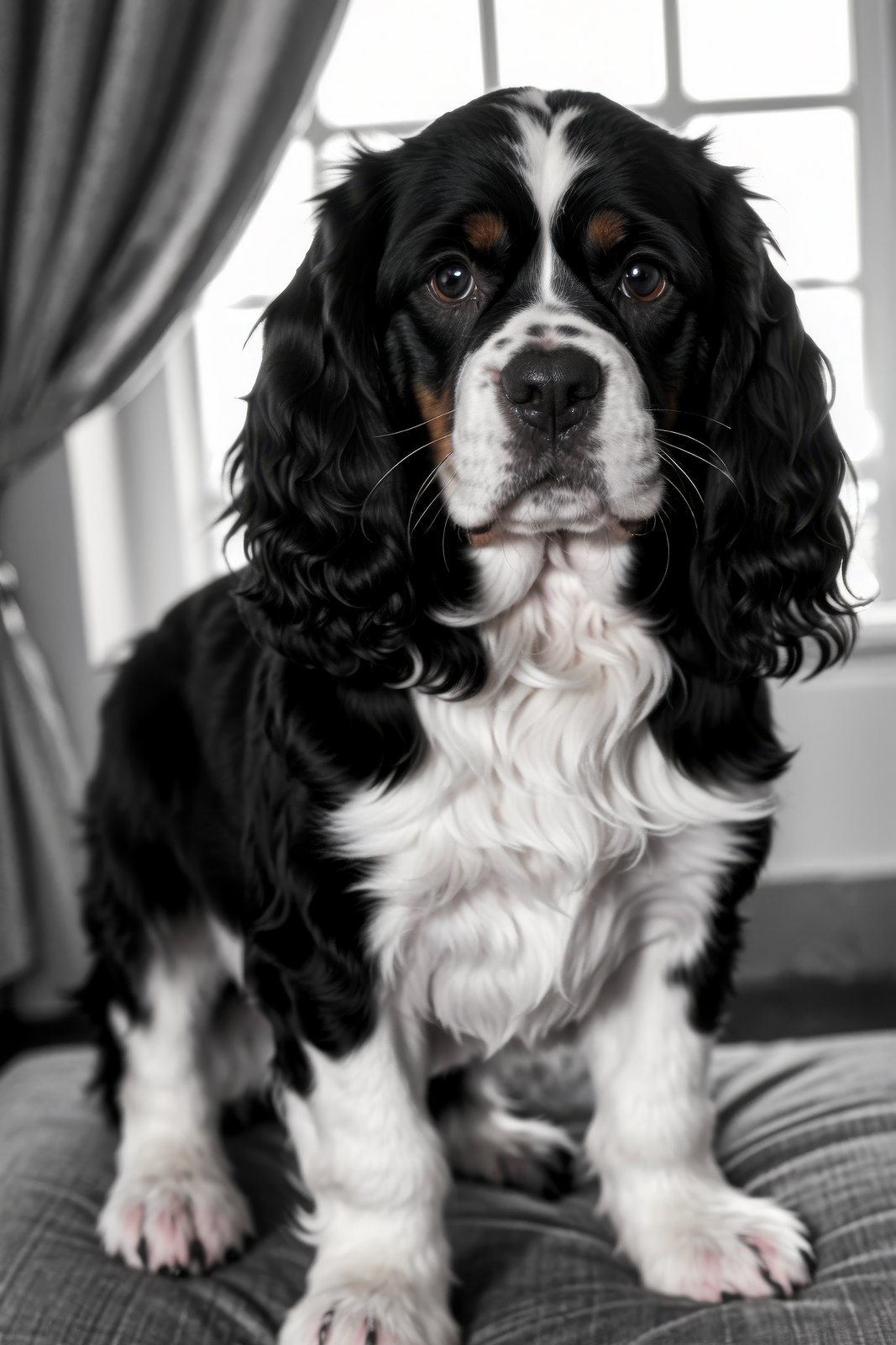 (black and white english cocker spaniel), solo, backlight, (close up:1.2), 3 point lighting