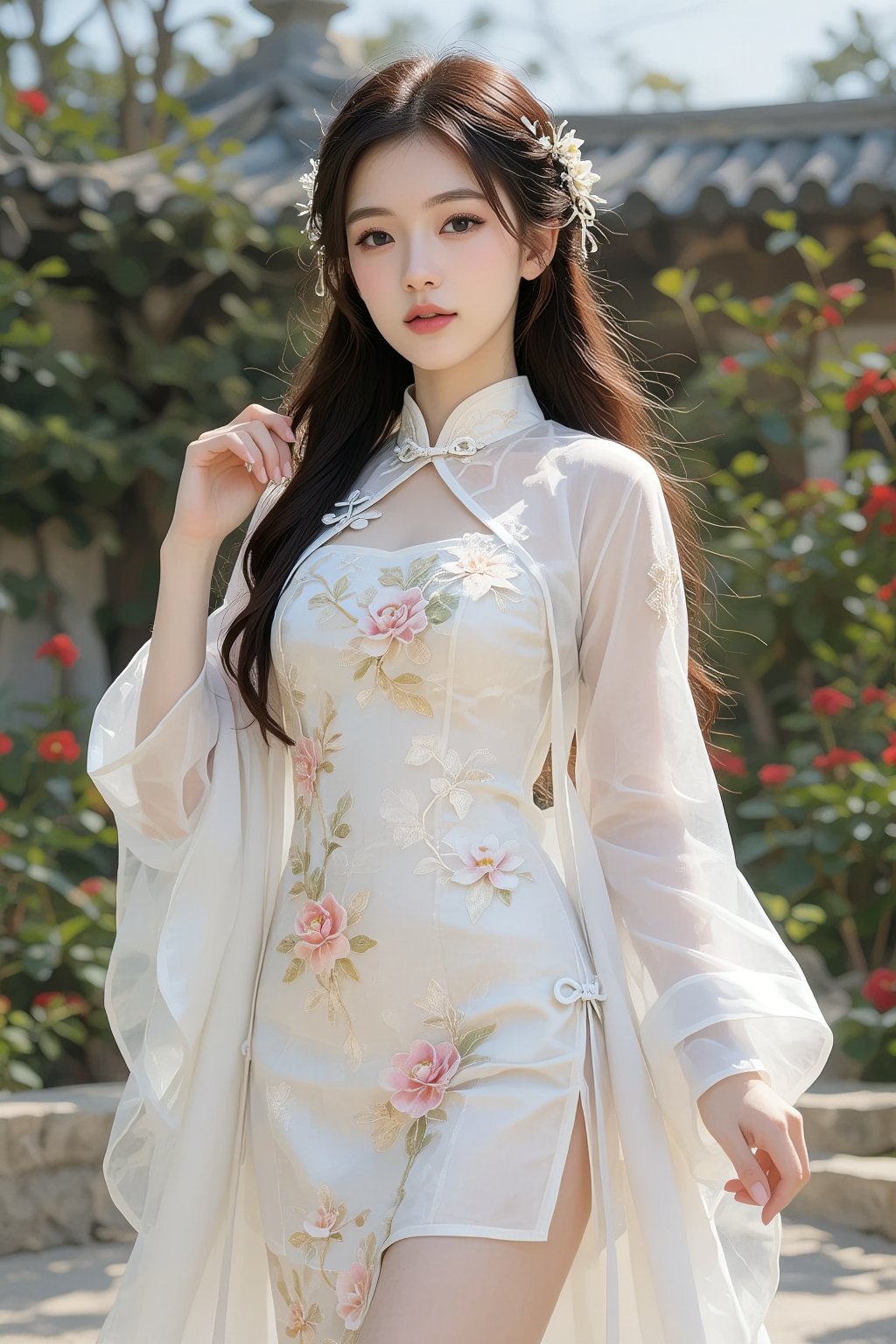 This photograph captures a young Asian woman standing in a serene garden setting,  bathed in soft,  natural light. She has...