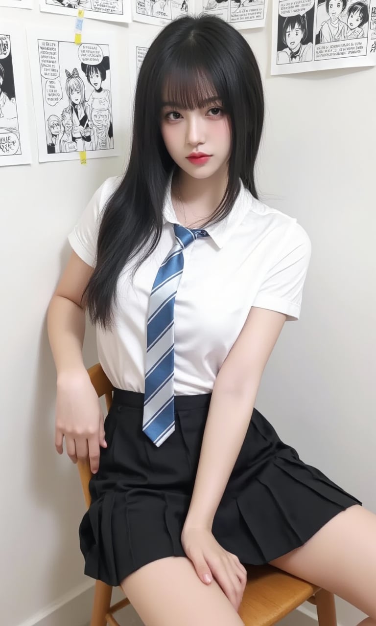 This is a real high-definition photo,This is a clear mobile selfie photo with a daily style. In the picture, there is a woman wearing a white short-sleeved shirt and a black pleated skirt, with a blue and white striped tie. She has long black hair, sitting on a wooden chair with her hands resting on her knees, facing the camera, and her eyes are looking at the camera. She appears to be around 20 years old, slim, and her expression is calm. Her outfit consists of a white short-sleeved shirt, a blue and white striped tie, and a black pleated skirt. Her hair is flowing freely without bangs. The background is a white wall, hanging some black and white comics. <lora:网图-MYH-2:0.9>