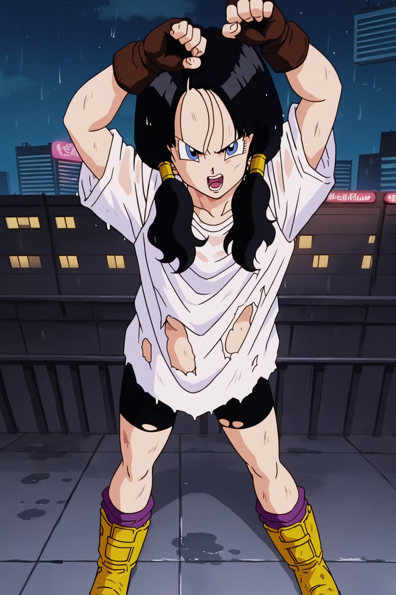 source_anime, score_9, score_8_up, score_7_up, anime screencap,videldbz, solo, blue eyes, black hair, 1girl, night sky, city skyline, neon, heavy rain, wet clothes, wet hair, arm up, twintails, long shirt, white shirt, purple legwear, yellow footwear, angry, from above, dirty, fingerless gloves, boots, victory pose, teeth, open mouth, brown gloves, socks, eyelashes, v-shaped eyebrows, bike shorts, torn clothes, <lora:Videl_pony_v1:0.8>