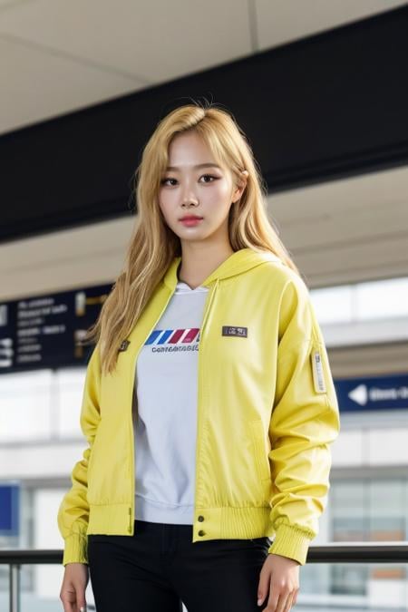 masterpiece, best quality, ultra-detailed, ultra high res, (photorealistic:1.4), raw photo, (realistic:0.2), 8k HDR, perfect lighting, 1girl, solo, looking at viewer, (casual clothes, hoodie jacket, black skinny jeans), outdoor, (airport), scattered cloud, upper body, lower body, blonde hair, asymmetrical long hair, (detailed oily skin), (detailed face), (detailed background :1.1), hands in pocket, high-end makeup,