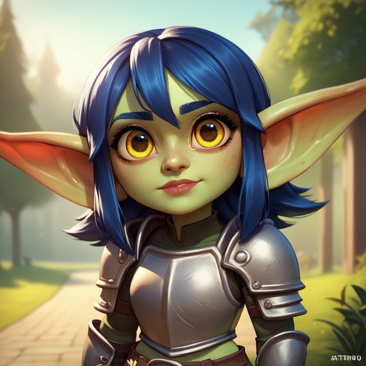 (((beautiful, high quality))), upper body, score_9, score_8_up, score_7_up, solo,looks at the viewer, Goblin, shortstack, short stature, pointed ears, 1girl, long blue hair, big eyes, yellow eyes, green skin, fantasy armor,outdoor, fantasy background, nature, blurred background,