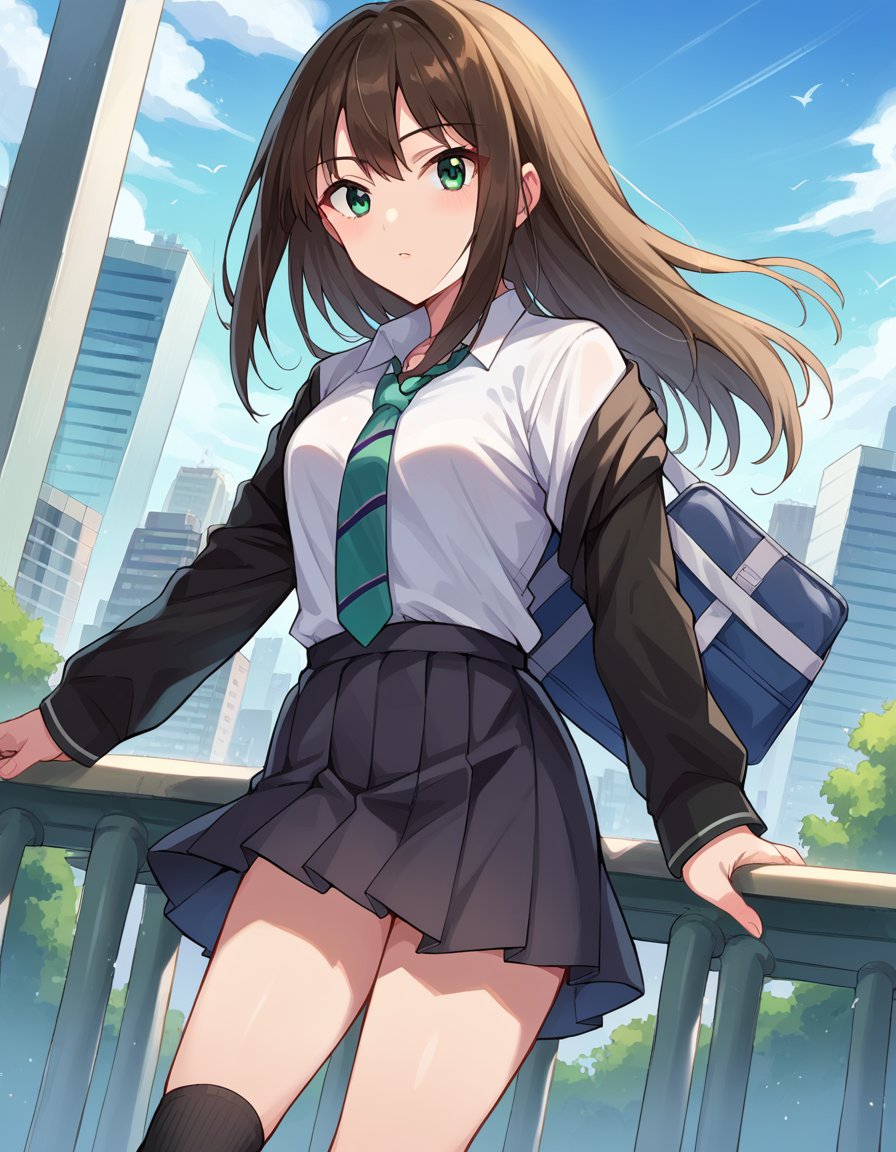 score_9, score_8_up, score_7_up, source_anime,rinshibuya, <lora:rin-shibuya-ponyxl-lora-nochekaiser:1>,rin shibuya, black hair, green eyes, long hair,black skirt, black socks, collared shirt, green necktie, kneehighs, long sleeves, miniskirt, necktie, pleated skirt, school uniform, shirt, skirt, socks, striped, striped necktie, white shirt, wing collar,outdoors, cityscape,looking at viewer, dutch angle, cowboy shot,