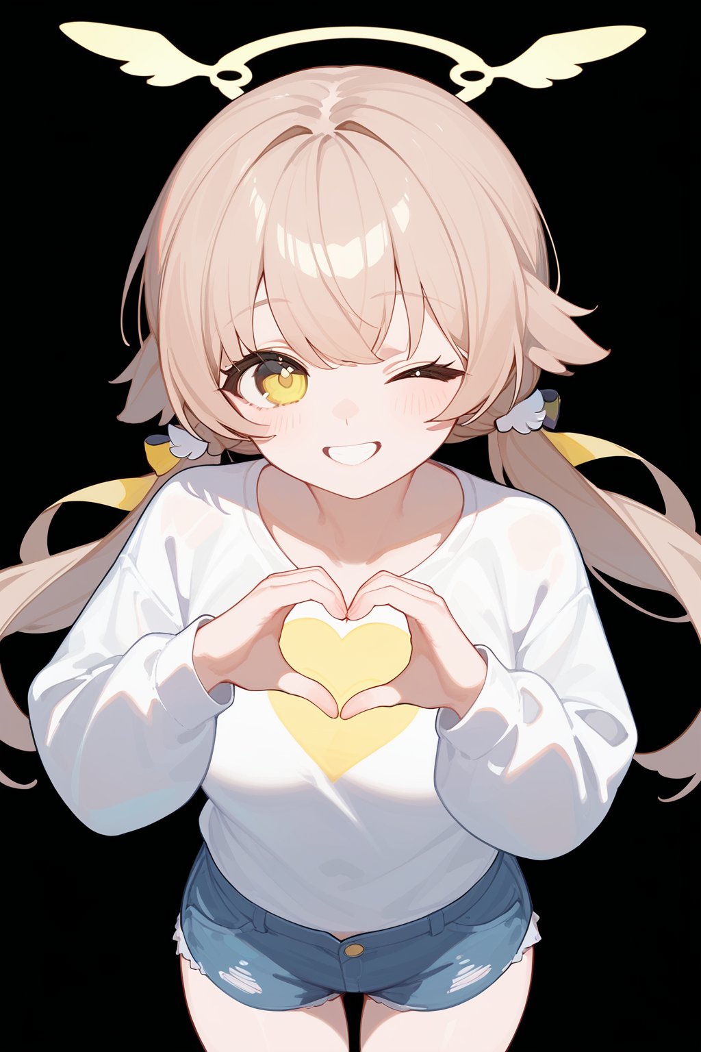 (score_9, score_8_up, score_7_up), hifumi-default,hifumi \(blue archive\),yellow eyes, wink, one eye closed,light brown hair,long hair, low twintails, yellow halo, white blouse, lace, denim shorts, grown up, large breast, heart shape hands,white background, from above, looking at viewers, standing, love, smile, cowboy shot, close up<lora:EMS-378099-EMS:1.000000>