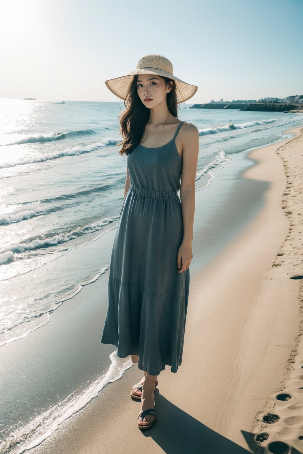 1 girl, full body photo, at the seaside, wearing a sun hat, photographic texture, realistic