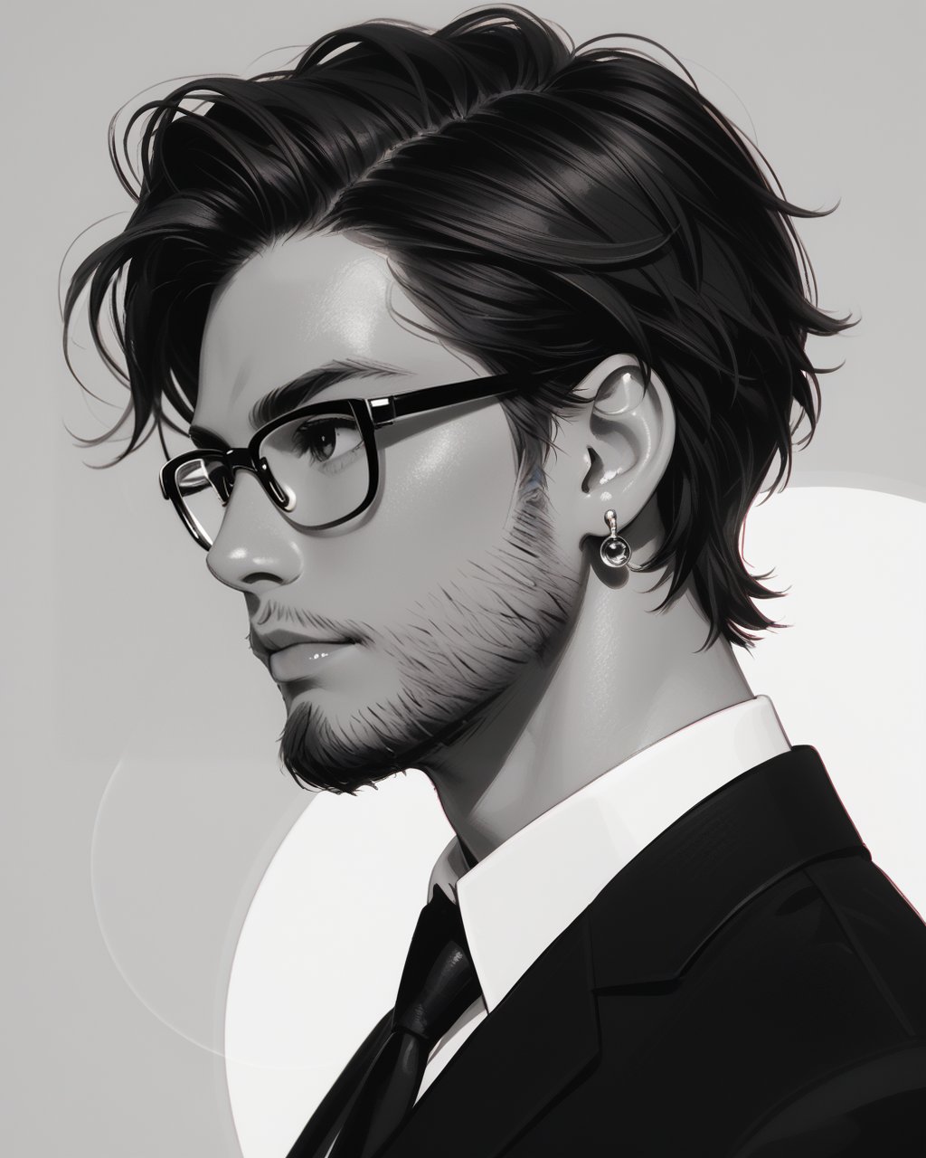 score_9, score_8_up, score_7_up, 1boy, glasses, male_focus, solo, monochrome, facial_hair, greyscale, realistic, beard, earrings, jewelry, upper_body, from_side, formal, profile, <lora:neoniik:1> vibrant, glossy style, bold, vivid colors, soft shading and highlights, expressive eyes, Ilya Kuvshinov’s style, neoniik