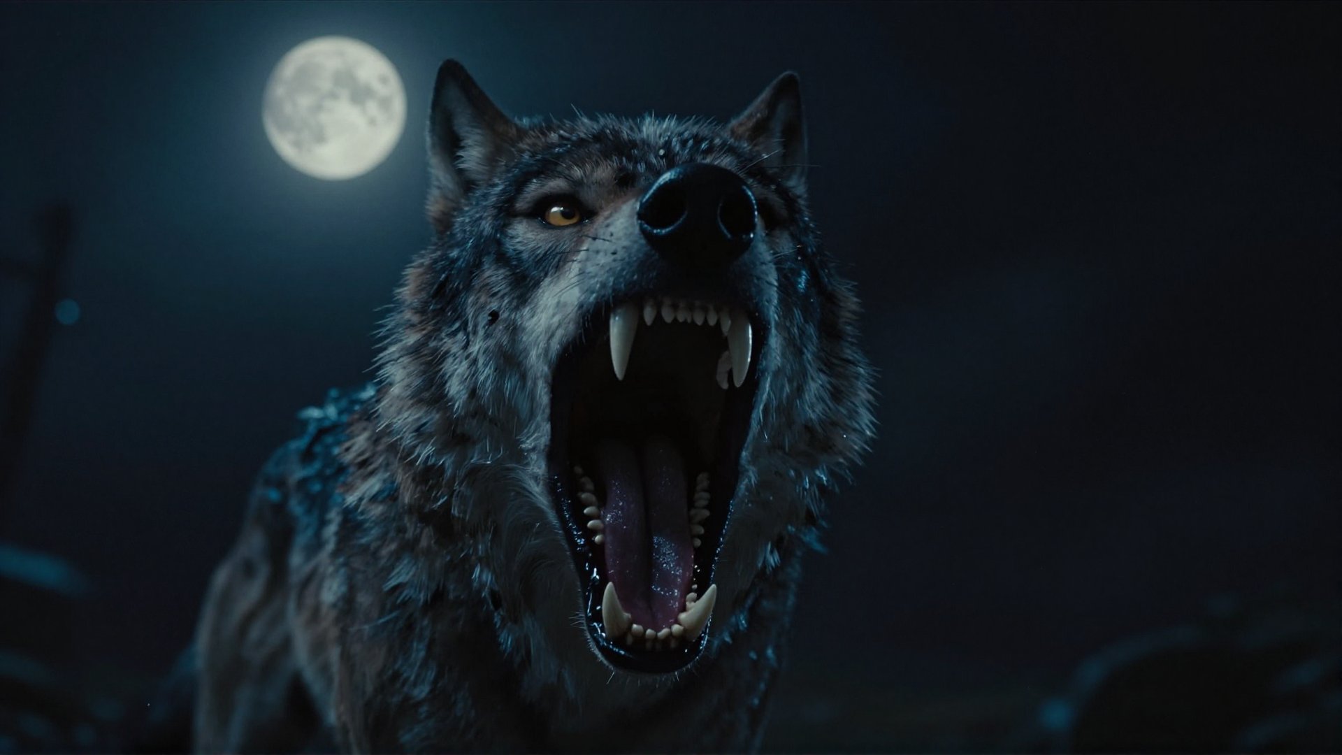 cinematic film still of cinematic style,  In 3D rendering style,  a dark themed image of a angry wolf with its mouth open...