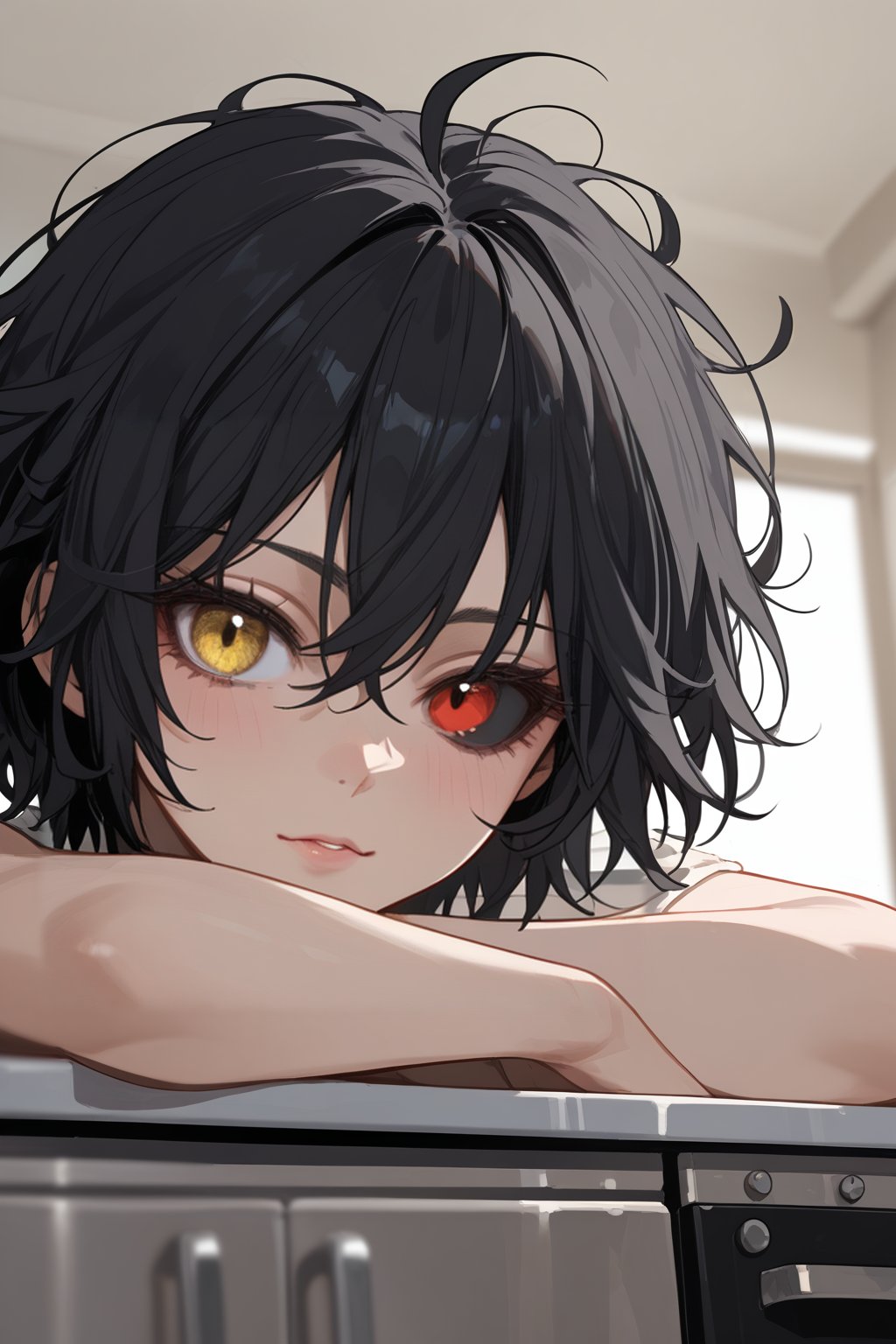 score_9, score_8_up, score_7_up, 1girl, black hair, short hair, messy hair, heterochromia, yellow eyes, red eyes, black sclera, face focus, portrait, close up, indoors, kitchen