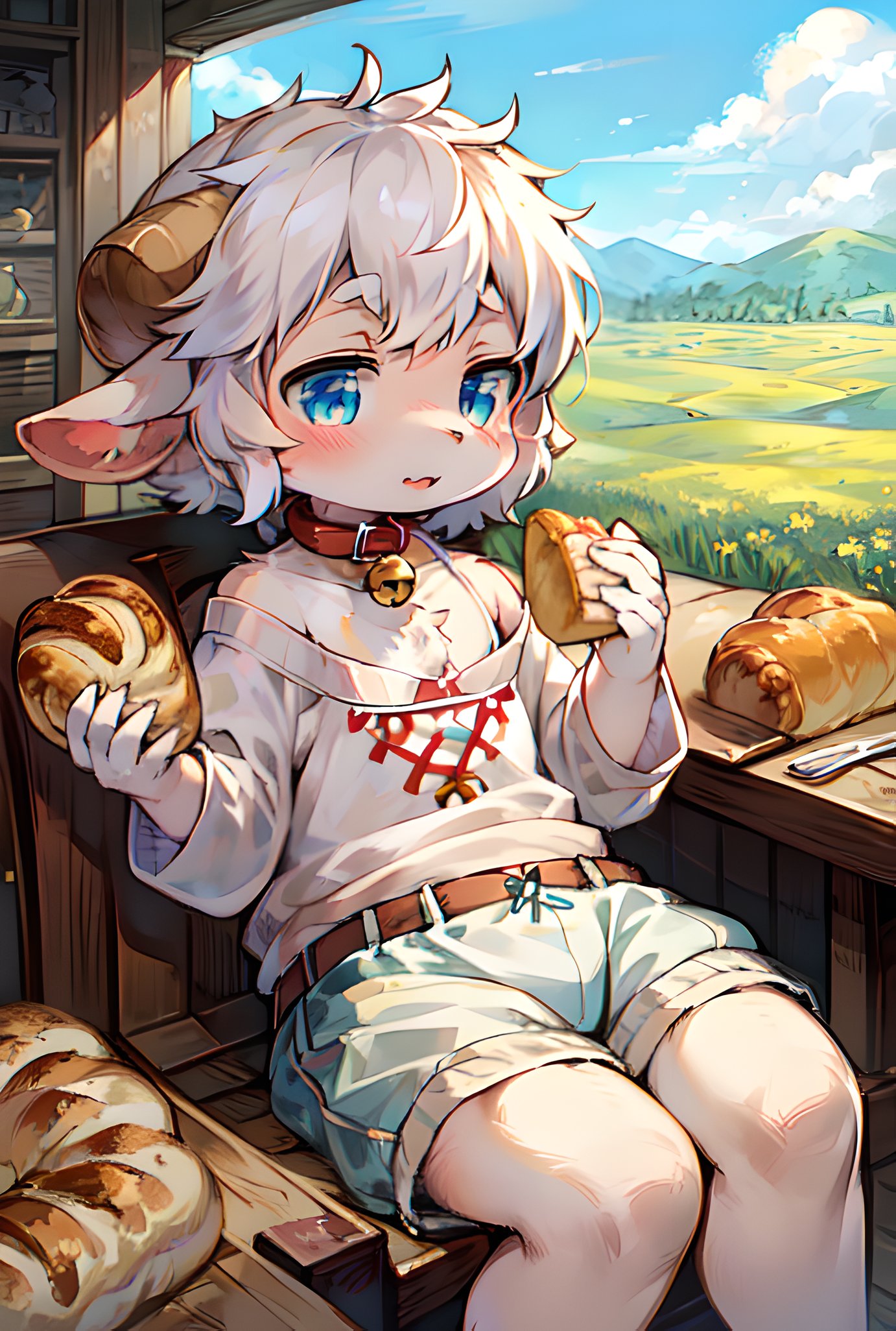 masterpiece, high quality, absurd res, digital painting \(artwork\), by dagasi, yupa,kiyosan,(fluffy fur,White fur, full body fur,croissant,Collie pattern:1.2),anthro male sheep. blue eyes, bright eyes,panorama,character focus.detailed background,eat cantaloupe,(bells, pet collars,loose clothes:1.2),(sheep,bread, meadow:1.3)