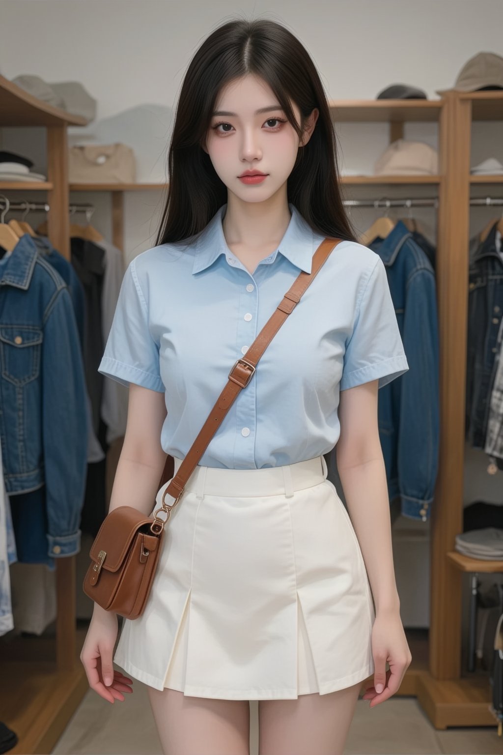 A young East Asian woman,  appearing to be in her late teens or early twenties,  stands centered in a clothing store. She...