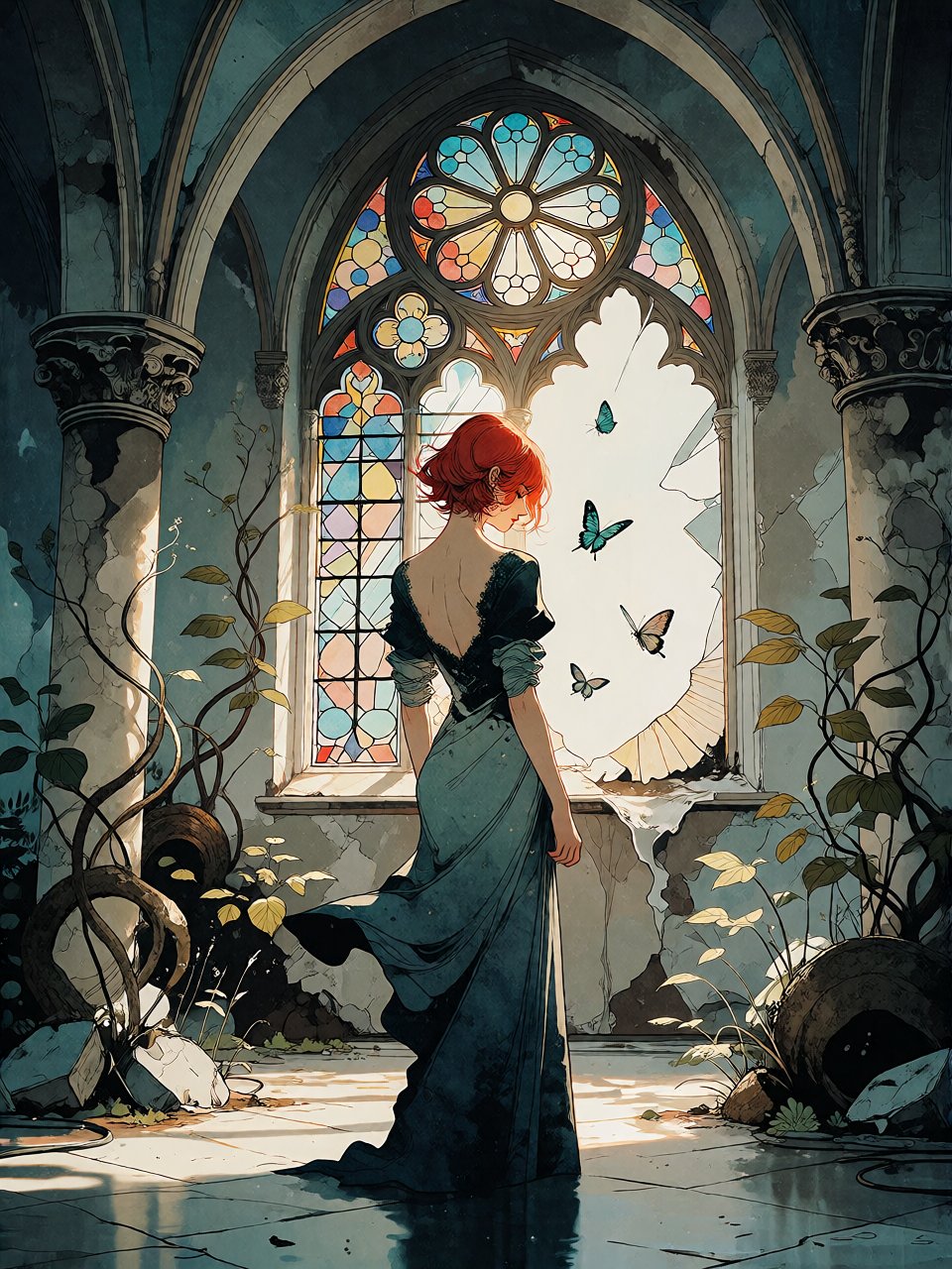Bradhamel art style. A lone woman with vibrant red hair,  bare back and draped in a long dark fabric,  stands at the cente...