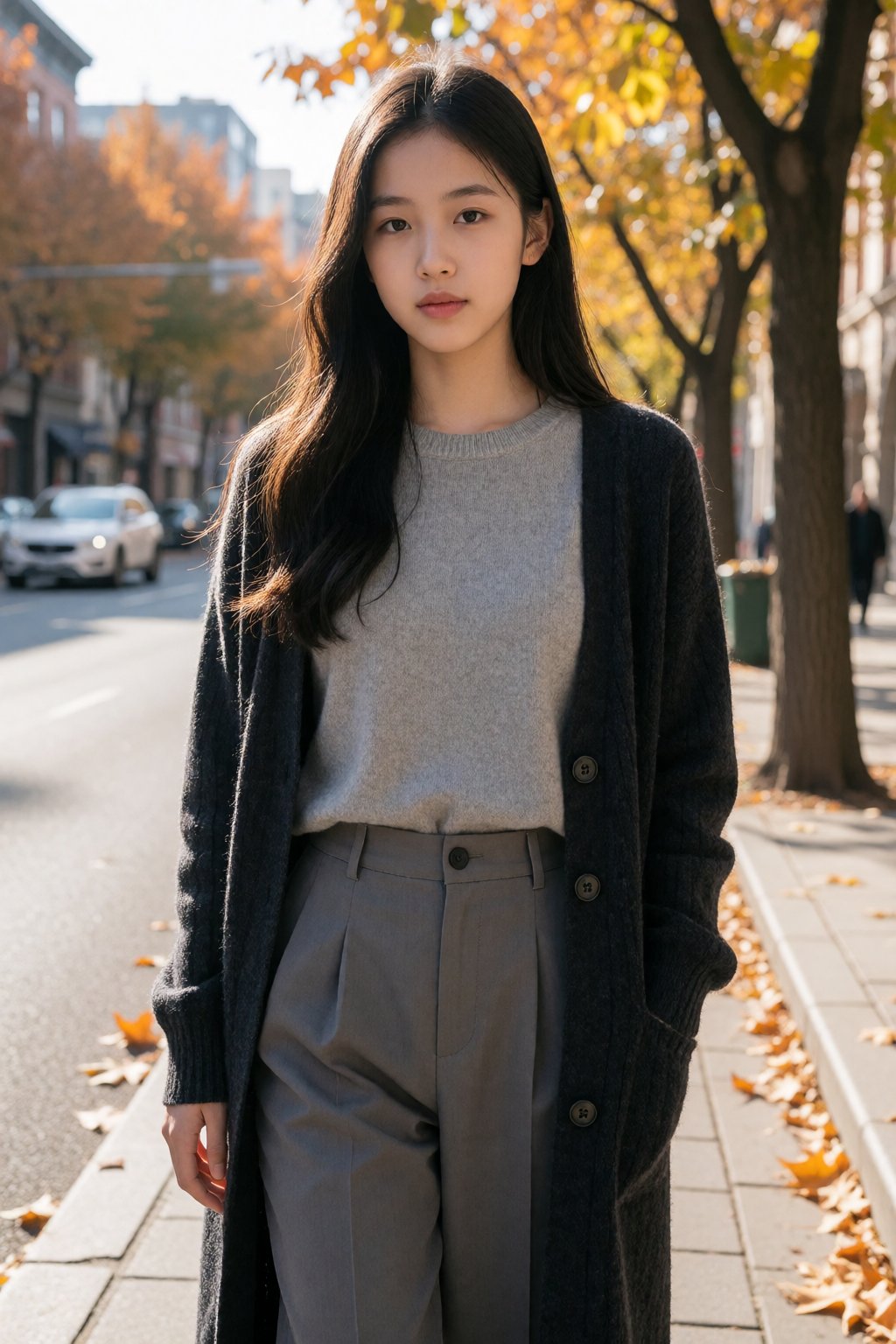 In the photo,  an East Asian woman with long black hair,  wearing a gray sweater by 天TIN on Tensor.Art