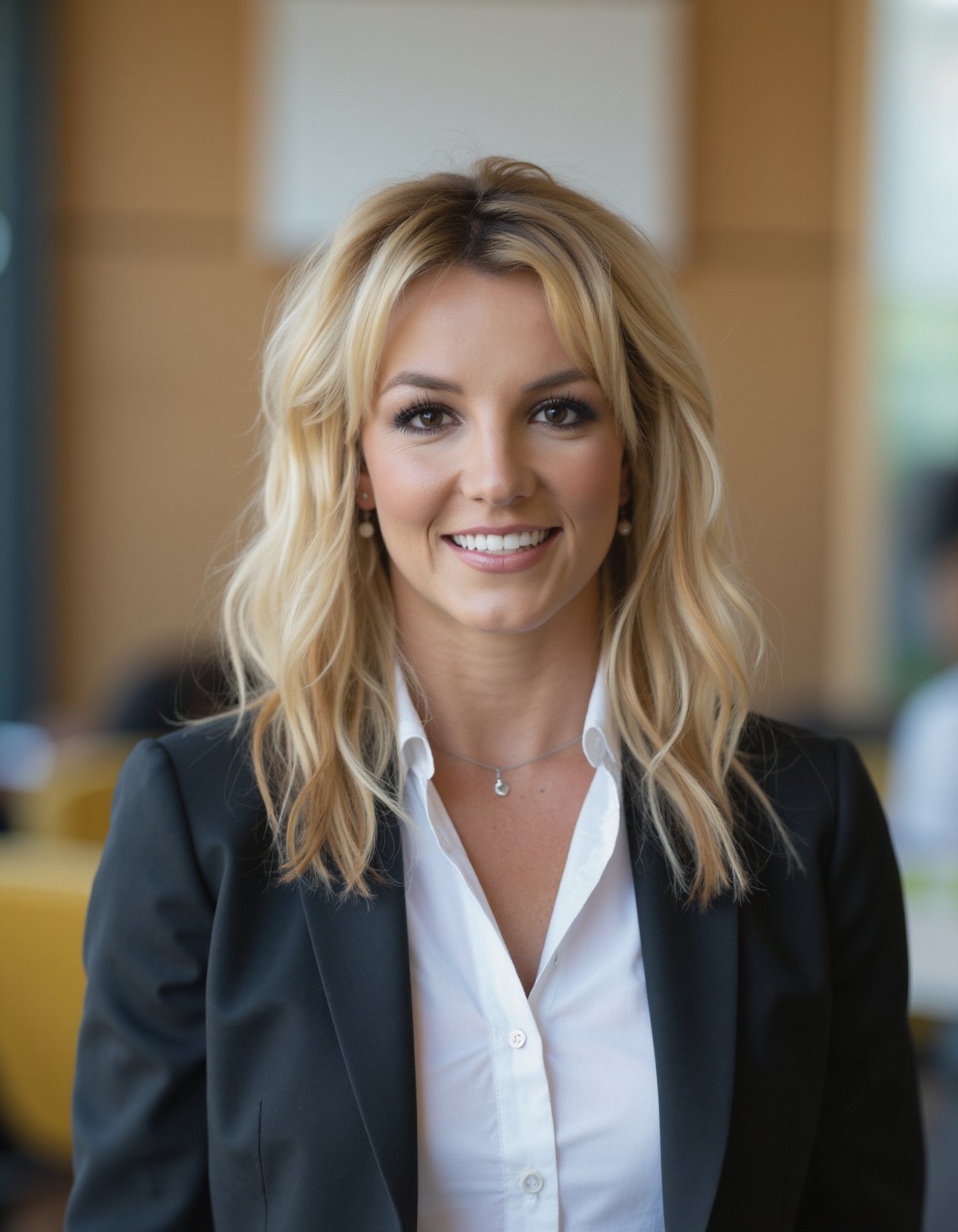 Mid-shot portrait of a beautiful woman britney spears smiling  in an hi tech office with blazer and a shirt under    <lora:britney_spears_flux_lora_v1:1>