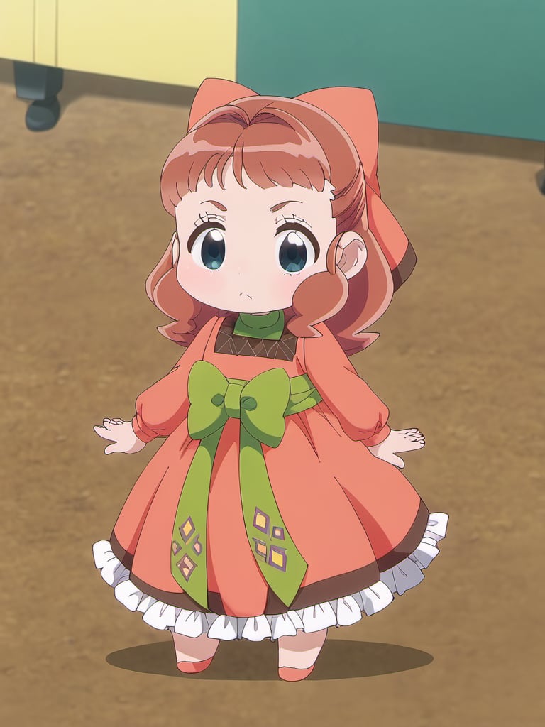 source_anime, score_9, solo, 1girl, <lora:Nefertima_PonyXLv2:1> nefertima-nema, chibi, child, shortstack, hair bow, dress