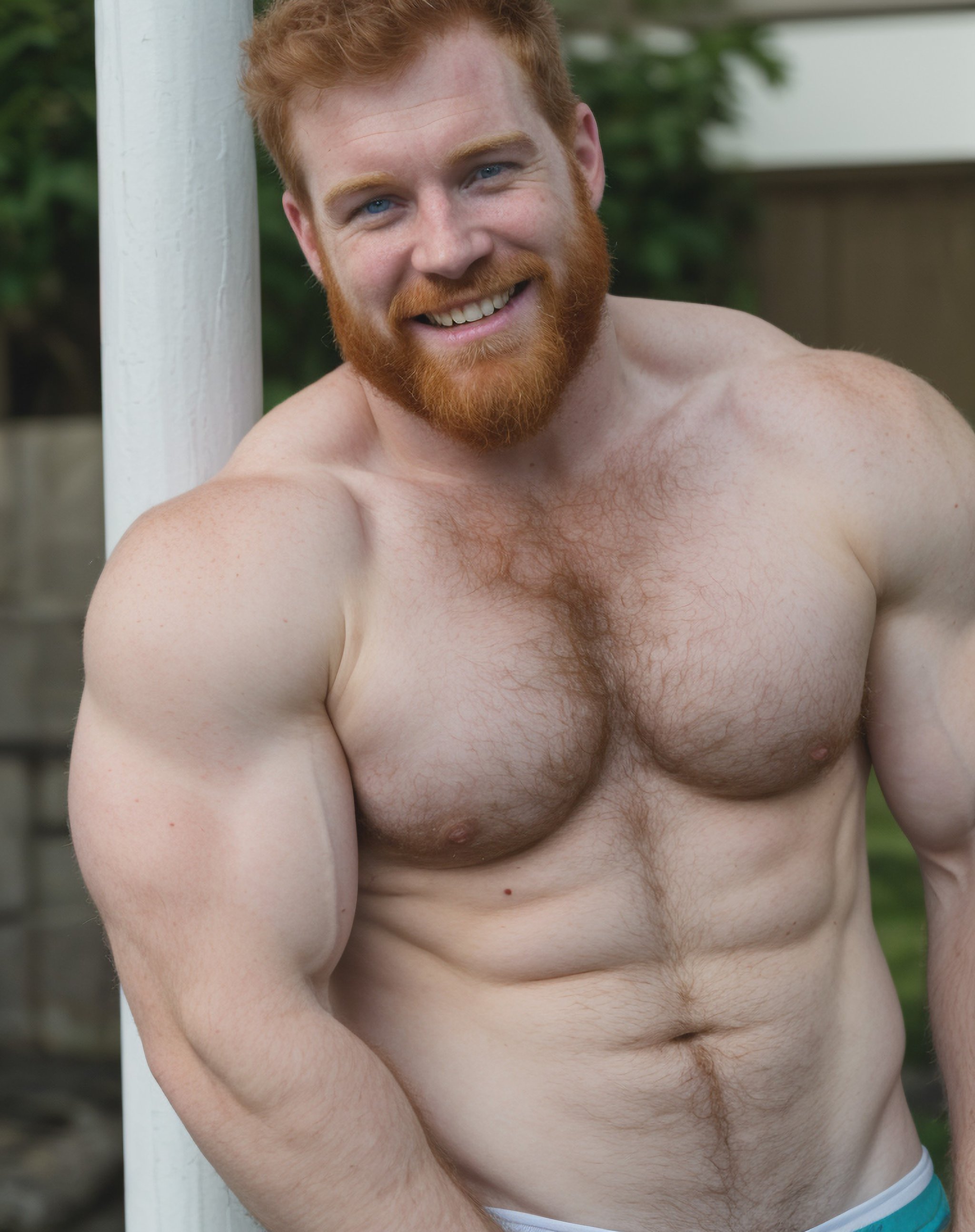 Highly detailed, rawphoto, GS-Musculine, Malefocus, (A buff:burly:hairy:muscular:Irish:Rubyplayer), mid-30's, ginger hair, short messy hair, blue-eyes, round face, freckles, stubble+[goatee], adorable smile showcasing his happy go lucky personality, (flaunting his natural penis), pale skin, hairy arms, hairybody:1.2, luck of the irish