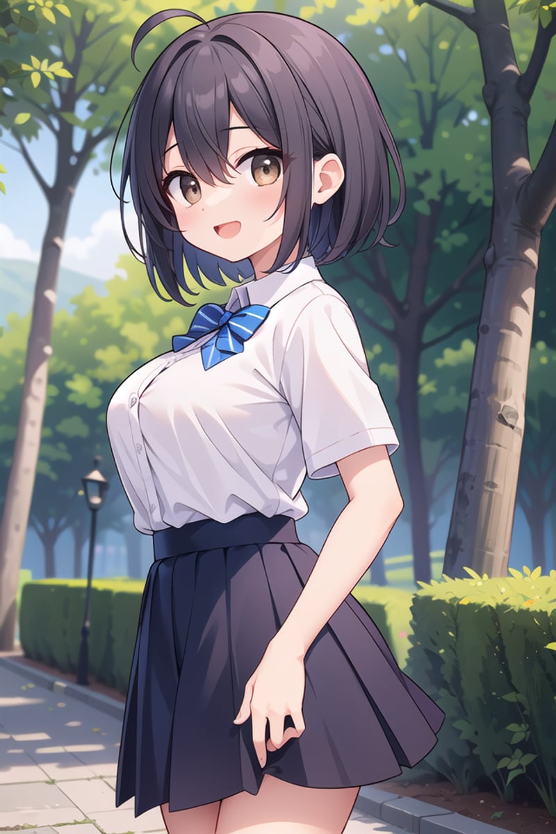 insanely detailed, absurdres, ultra-highres, ultra-detailed, best quality,1girl, solo, nice hands, perfect handsBREAKsummer school uniform, (plain dark blue skirt with many pleats:1.4), (striped indigo blue bowtie:1.3), short sleeves, white shirt, shirt with white buttonBREAKhappy smile, laugh, open mouthBREAK,standing, cowboy shot, looking at viewerBREAKslender, kawaii, perfect symmetrical face, ultra cute girl, ultra cute face, ultra detailed eyes, ultra detailed hair, ultra cute, ultra beautifulBREAKin forest, depth of field, ultra detailed backgroundBREAKlarge breastsBREAK(ahoge:1.2), (short bob cut, hair between eyes, black dark_brown hair, black dark_brown eyes:1.3), (long hair:-1)