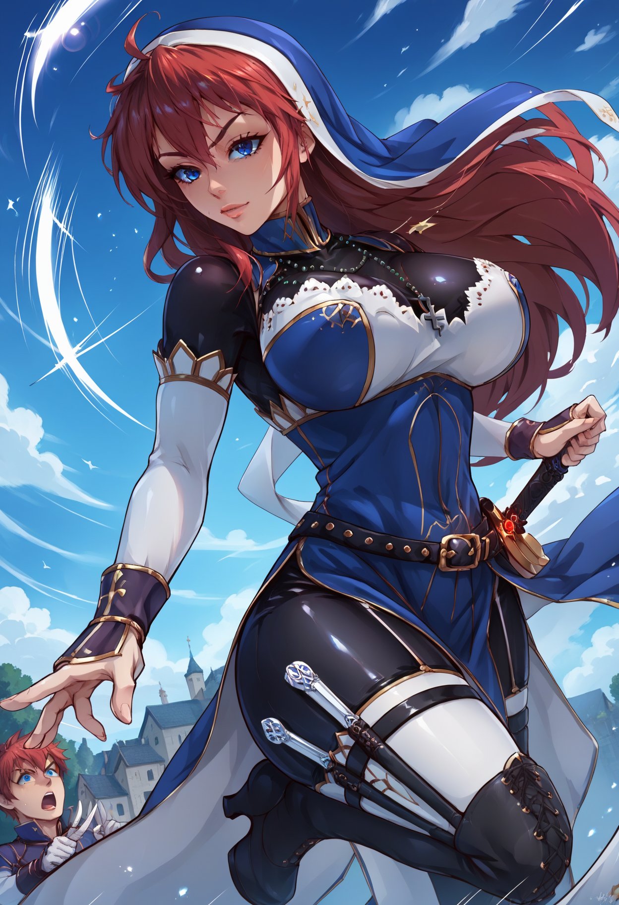 score_9, score_8_up, score_7_up, score_6_up, score_5_up, score_4_up, source_anime,  BREAK,full boy dynamic pose, holding a dagger, speed lines,, 1girl,battleNun, cross necklace, habit, red hair, blue eyes, <lora:battleNunPony:1>, large breasts,  in a medieval courtyard, 