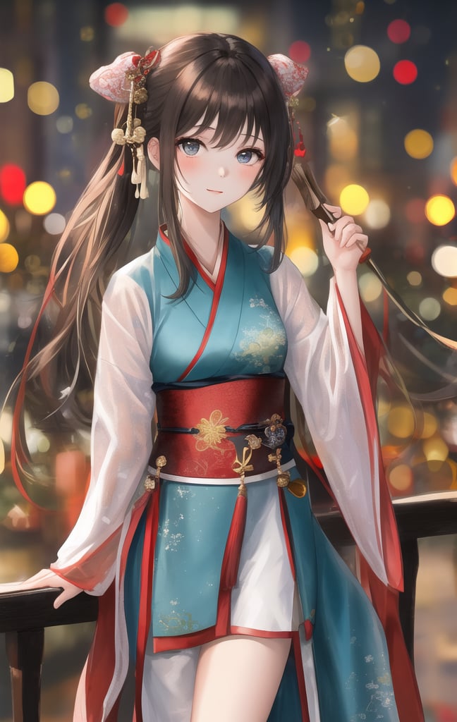 masterpiece,best quality,city,1girl,looking at viewer,bokeh,hanfu,