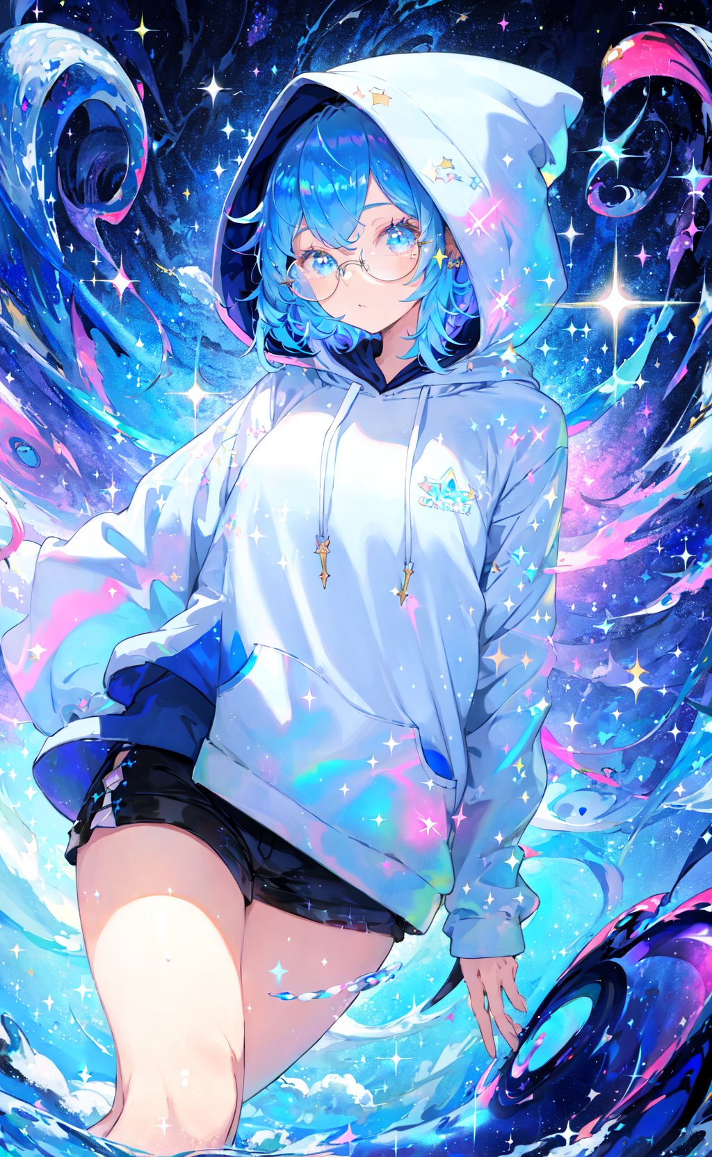 masterpiece, best quality, 1girl, blue hair, medium hair, hoodie, hood up, glasses, jewelry dynamic, colorful, cloudy sky, sparkle, sparkling, glitter, glittering, iridescent, swirl, swirling, abstract, expressive