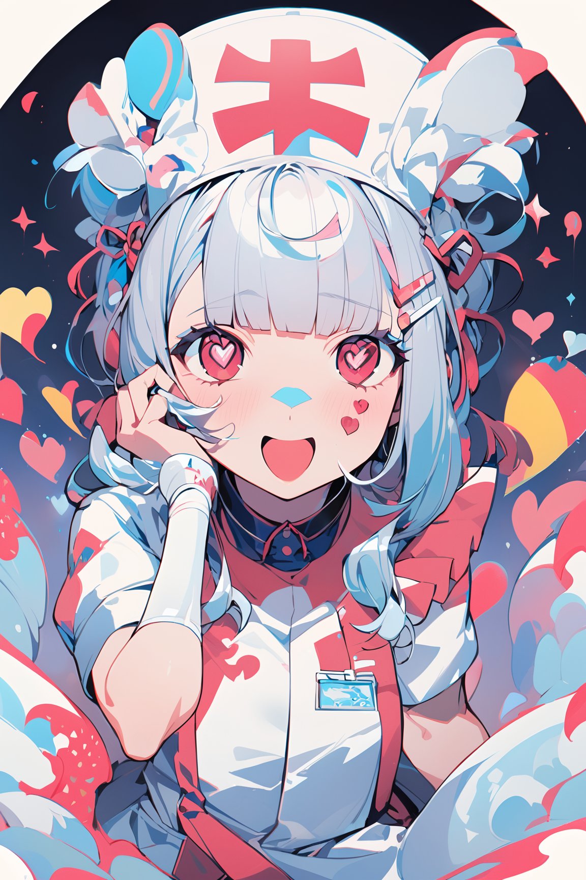 The illustration depicts an anime character with a youthful and vibrant appearance. She has pale blue hair with a slight curl at the ends and bangs that frame her face. Her eyes are large and expressive, ( a bright red with heart-shaped pupils:1.2),  which gives her a very whimsical and endearing look. She is wearing a nurse's cap with a red cross and a dark blue collar with a heart-shaped cutout,  suggesting a playful take on a medical uniform.  She's holding a syringe playfully to her cheek,  and her pose is coy and animated. The background is a vivid pink,  filled with abstract shapes,  hearts,  and stars,  enhancing the cheerful and lighthearted theme of the artwork. Her expression is one of mischievous charm,  and a smaller figure in the background echoes her style and attire,  which could imply a thematic connection or a shared narrative between the characters