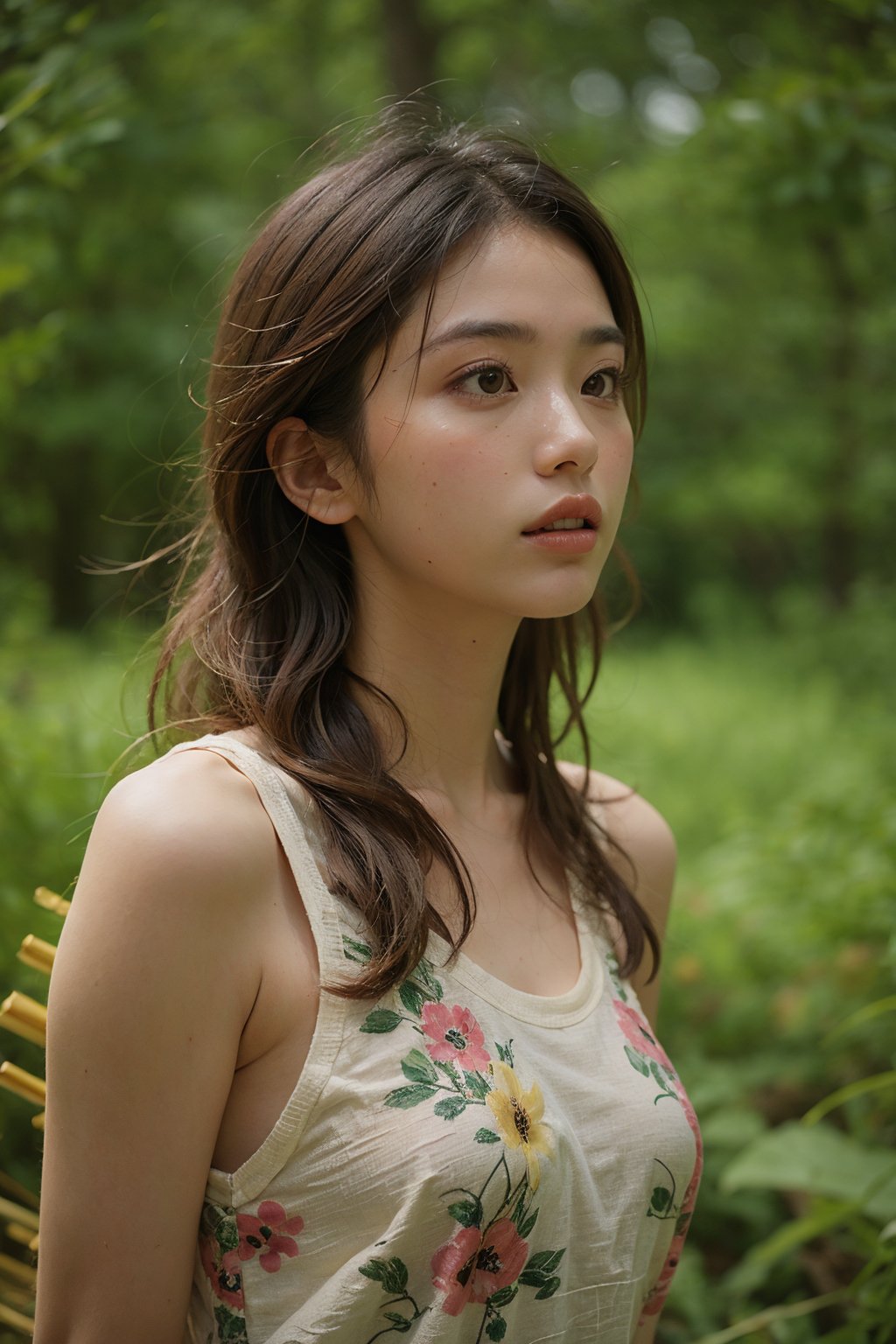 1girl,flowers,whole body,(yellow reed:1.1),forest,solo,long hair,(realistic:1.1),white background,brown hair,simple background,lips,parted lips,looking to the side,forehead,looking away,black hair,bare shoulders,signature,brown eyes,tank top,black eyes,(depth of field:1.2),blurry,Tyndall effect,<lora:linhe luweidang_20231022151238-000008:0.7>,