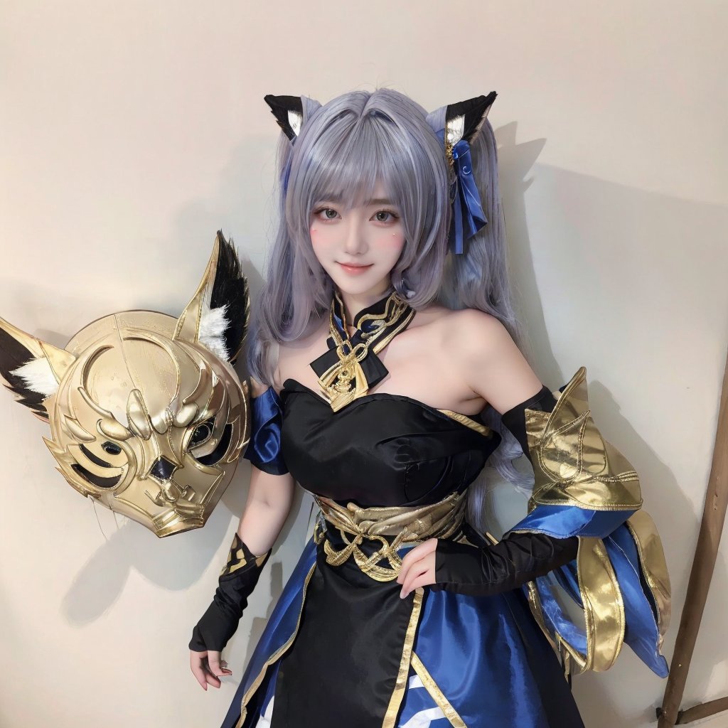 best quality,masterpiece,realistic,photorealistic,1girl,solo,looking at viewer,smile,long black hair,bangs,standing,full body,sparkle cosplay costume,cosplay,twintails,dress,detached sleeves,bell,single glove,hair ornament,bare shoulders,sandals,fox mask,mask on head,simple background,<lora:小塔姆:0.8>,