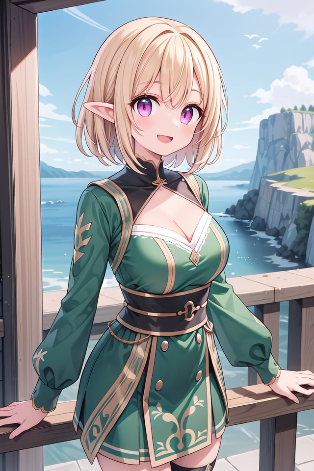 insanely detailed, absurdres, ultra-highres, ultra-detailed, best quality,1girl, solo, nice hands, perfect handsBREAKelf girl, (wearing green dress:1.2), (nsfw:-1.5), (navel:-1)BREAKhappy smile, laugh, open mouthBREAKstanding, cowboy shot, looking at viewerBREAKslender, kawaii, perfect symmetrical face, ultra cute girl, ultra cute face, ultra detailed eyes, ultra detailed hair, ultra cute, ultra beautifulBREAKOn the peak of a distant mountain, a gargantuan dragon from the ancient times roars, depth of field, ultra detailed backgroundBREAKlarge breasts, cleavage,BREAKblonde hair, medium hair, elf ear, pink eyes