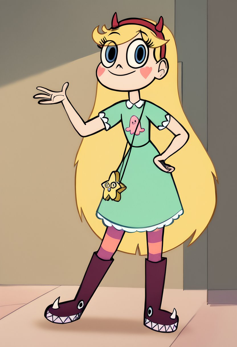 <lora:StarButterfly2.0:1> starbutterfly, blonde hair, 1girl, facial mark, solo, long hair, horned headwear, blue eyes, very long hair, smile, teal dress, shoulder bag, boots, striped pantyhose, score_9, score_8_up, score_7_up, score_6_up, score_5_up, score_4_up, looking at viewer, hand on own hip, cowboy shot,