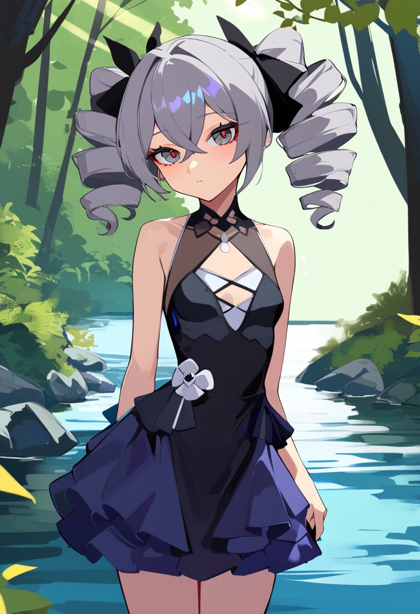 1girl, bronya zaychik, honkai impact 3rd, honkai \(series\),medium hair, wavy hair, twintails, silver hair, grey eyes, small breasts, dress, frills,forest, river, lens flare, sketch, lam \(ramdayo\),masterpiece, best quality, very aesthetic, absurdres,